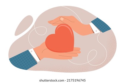 Concepto de caridad. Manos de corazón, sociedad responsable. Los personajes envían dinero para ayudar a los que lo necesitan. Afiche o pancarta motivacional, activistas y voluntarios. Dibujo vectorial plano de dibujos animados