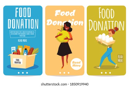 Concept of charity, help and support for poor, homeless and hungry. Volunteers carry food for donation in shelter. A set of vector illustrations.