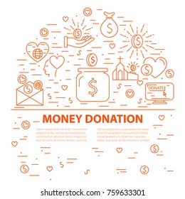 Concept of charity and money donations. Template with place for text. Line style vector illustration