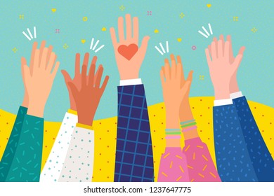 Concept of charity. People applaud. Human hands clapping ovation. Hand holding a heart. Flat design, business concept, vector illustration