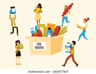 Concept of charity and support for poor, homeless and hungry. Volunteers carry food and filling cardboard donation boxes for help of shelter or social center. Vector illustration