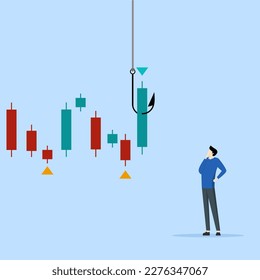 concept of charts and graphs to make profit, Candlestick signals to buy or sell in trading crypto or stock market, analyzing data, trader thinks while analyzing green chart with fishing bait.