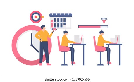 the concept of chasing deadlines and targets, superiors and subordinates. illustration of a boss using megaphones to encourage his employees. flat design. can be used for elements, landing pages, UI