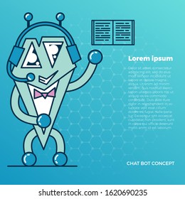 concept of chat bot that shows the possibilities. Cute bot character. Chatbot greets. Online consultation. Vector cartoon illustration. With place for text.
