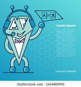 concept of chat bot that shows the possibilities. Cute bot character. Chatbot greets. Online consultation. Vector cartoon illustration. With place for text.