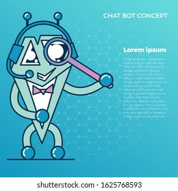 concept of chat bot that shows the possibilities. Cute bot character. Chatbot greets. Online consultation. Vector cartoon illustration. With place for text.