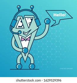 concept of chat bot that shows the possibilities. Cute bot character. Chatbot greets. Online consultation. Vector cartoon illustration. With place for text.