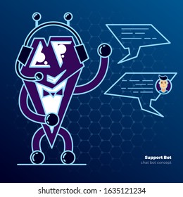 concept of chat bot that shows the possibilities. Cute bot character. Chatbot greets. Online consultation. Vector cartoon illustration. With place for text.