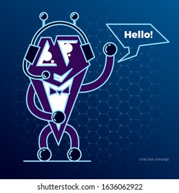 concept of chat bot that shows the possibilities. Cute bot character. Chatbot greets. Online consultation. Vector cartoon illustration. With place for text.
