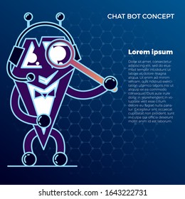 concepto de bot de chat que muestra las posibilidades. Carácter de bot. Chatbot saluda. Consulta en línea. Dibujo de dibujos animados. Con lugar para el texto.