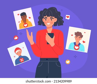 Concept of chat. Girl with smartphone in her hands. Modern technologies and digital world. Application for dating and distance meeting, romance and falling in love. Cartoon flat vector illustration