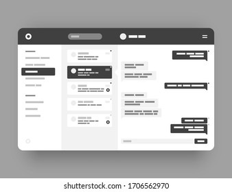 Concept for chat, social media, online messenger kit. Wireframes screens. Dashboard UI and UX Kit design. Use for mobile app or website.