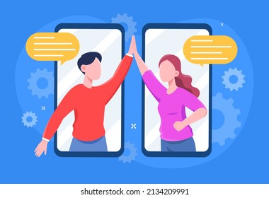 Concept of chat. Young man and girl give five through screens of smartphone. Internet communication, distance and communication. Family or friends, students. Cartoon flat vector illustration