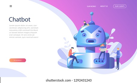 Concept Chatbot and future marketing concept, support for web page, social media. Chatting with chat bot on laptop, People ask questions for Artificial Intelligence, User ask robot. Vector 