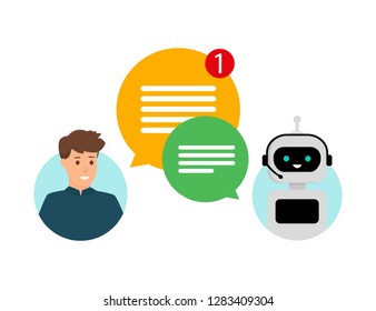 Concept chatbot. Human talk with robot. Customer service and support. Vector illustration isolated on white background. Flat design. EPS 10.