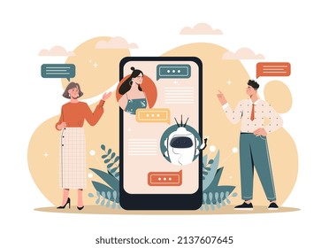 Concept of chatbot. Man and girl communicate on background of smartphone. Social networks and communication on Internet. Application for chatting and messengers. Cartoon flat vector illustration