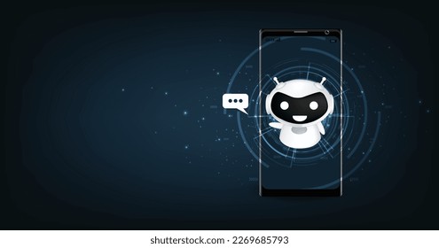 Concept of a chatbot on the mobile. cartoon cute white robot on a mobile phone. robot assistant online consultant. 3d illustration on dark blue background.
