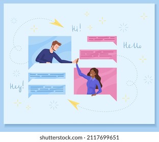 Concept of chatting. Man and girl give each other five. Welcome gestures. Pictures for social networks or media, modern technologies and communication on Internet. Cartoon flat vector illustration