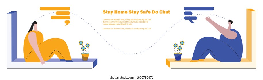 Concept of chatting staying at home in pandemic situation instead of meeting. Flat cute cartoon character vector illustration. Can be used for web and application design and other suitable fields.