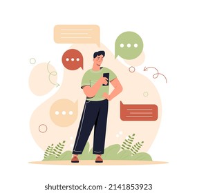 Concept of chatting. Young guy stands with smartphone, communication in social networks, Internet and modern technologies. Character shares news with friends. Cartoon flat vector illustration