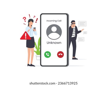 Concept of Cheating, Pranks, or Scams. Fraud People Makes Suspicious Call from Unknown Number on Smartphone. Cartoon Flat Vector Illustration.