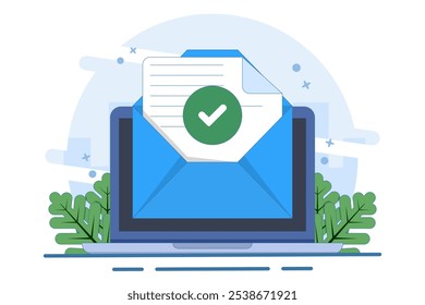 Concept of check mark notification on approved email message, online document on laptop computer, or digital letter successfully confirming application, verified document.