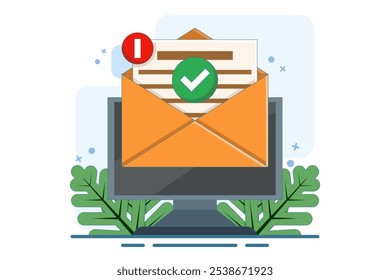 Conceito de notificação de marca de verificação em mensagem de e-mail aprovada, documento on-line no computador laptop ou carta digital confirmando com êxito o aplicativo, documento verificado.