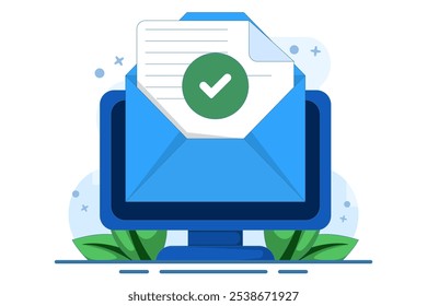 Concept of check mark notification on approved email message, online document on laptop computer, or digital letter successfully confirming application, verified document.