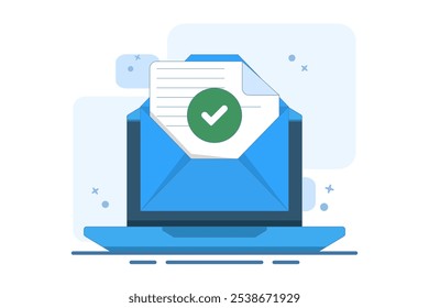 Konzept der Prüfzeichenbenachrichtigung für genehmigte E-Mail-Nachrichten, Online-Dokumente auf Laptop-Computern oder digitale Briefe, die die Anwendung erfolgreich bestätigen, verifiziertes Dokument.