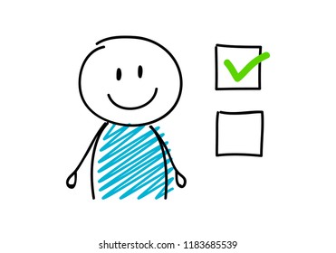 Concept of checkbox with cartoon stickman. Vector.