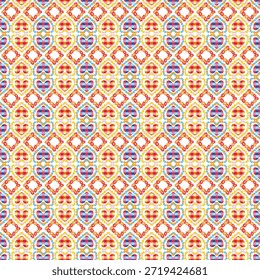 Conceito: Mosaico do Coração Xadrez Este design se concentra na simetria das formas do coração preenchidas com gingham clássico e padrões xadrez em cores primárias. Cada coração é emoldurado por contornos florais decorativos, criando uma grade estruturada que equilibra padrões têxteis tradicionais com design gráfico digital. A composição usa um formato de ladrilho repetido para criar uma superfície densa e vibrante.
Tema: Arte Popular Moderna e Romance Ornamental O tema mistura charme "Cottagecore" com estética popular moderna. Ele utiliza uma paleta de cores brilhantes para evocar uma sensação de calor e artesanato feito à mão. A repetição organizada torna-o uma peça decorativa versátil, adequada para papelaria romântica, impressão têxtil e embalagem de férias festivas.