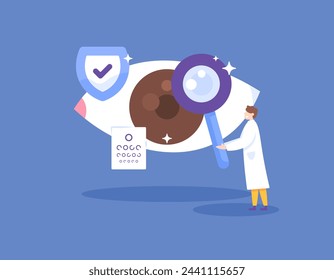 concept of checking eye health conditions. a dental specialist examines, evaluates, and performs eye treatment. check by an Ophthalmologist. flat style illustration concept design. graphic elements