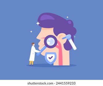 concept of checking the health condition of the ears, nose and throat. a specialist doctor examines, evaluates, and carries out treatment. checked by an otolaryngologist. flat style illustration