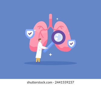 concepto de control de las condiciones de salud pulmonar. un especialista en medicina interna examina, evalúa y trata los pulmones. revisado por Pulmonología. diseño de concepto de ilustración de estilo plano. elementos gráficos