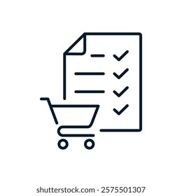 Concept checklist with shopping cart, e-commerce. Vector linear icon isolated on white background.