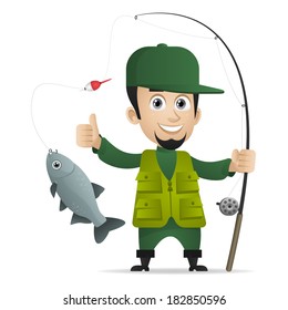 Concept cheerful fisherman holds fishing rod