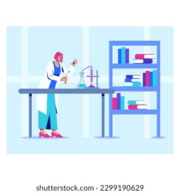 Concept of chemical experiments. A female researcher conducts experiments with heating substances in test tubes using a burner in the laboratory. Vector flat style illustration