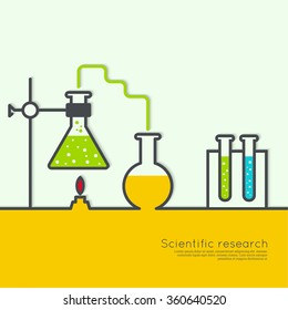 The concept of chemical science research lab retorts, beakers, flasks and other equipment. 