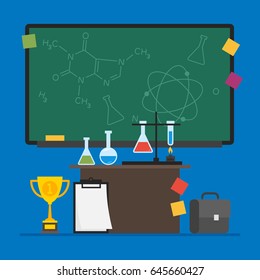 Concept Chemistry Test Tubes Table Suitcase School Board. Vector Illustration. Set Objects.