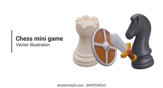 Concept of chess battle, competition. 3D white rook holding round shield, knight with sword