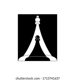 concept of chess logo, figures of black pawn and white king in perspective on black rectangle, vector stock illustration