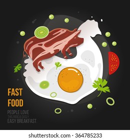 Concept chicken (omelet) - egg and bacon pork. Natural fresh egg with fried bacon in a flat style. Illustration template for menu, poster in cafe, restaurant and eatery.