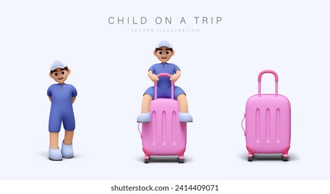 Concept of child on trip. Boy in blue clothes, pink suitcase, toddler sitting on luggage. Set of isolated illustrations for family travel tours. Vector web design