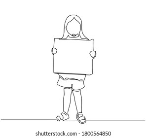 Concept of child protest showing with young boy holding large white placard on isolated background. Little girl holding banner. Concept of protest. Line drawing of a man holding a protest sign.