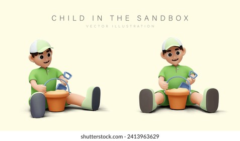 Concepto de niño en una caja de arena. Joven sentado, sosteniendo balde y espátula y jugando afuera. Placard con niño sobre fondo cálido. Ilustración vectorial en estilo 3d