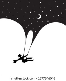 concept of childhood night dream at midnight,  dream scene in black and white, boy silhouette on the swing flying under the night sky, shadow story, vector