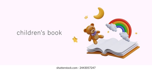 Concepto de libro infantil. Libro abierto realista, osito de peluche, arco iris, luna, estrellas