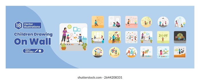 Concepto de niños dibujando en la pared. Niños creativos felices pintando, dibujando, garabateando con crayones de colores en la pared. Mega set.