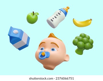 Concept of children nutrition in cartoon style. First baby food. 3D green apple, baby formula bottle, milk carton, banana, broccoli, doll head. Vector illustration for web design