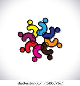 Concept children together or community unity- vector graphic. This illustration shows kids in orange, red, blue and other colors playing together in circles or employees meeting or workers gossip, etc